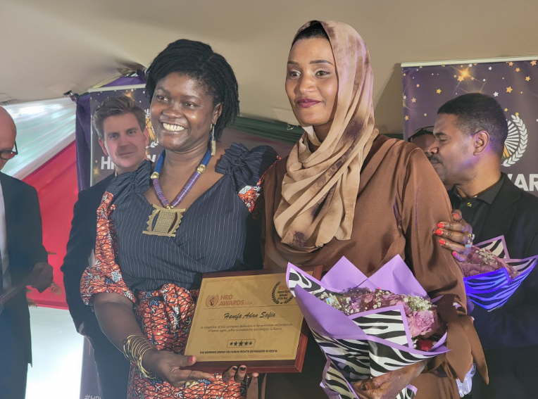 Activist Hanifa Adan at the Danish Embassy in Nairobi on Friday, November, 29, 2024, receiving the Human Rights Defenders of the Year award. PHOTO/@Honeyfarsafi/X
