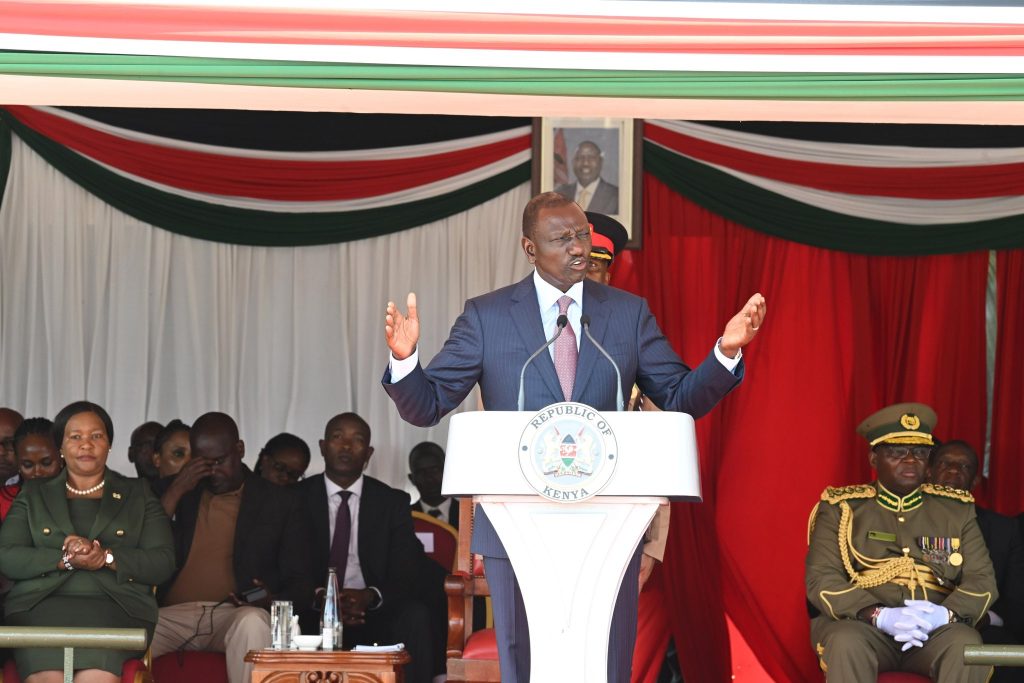 President William Ruto speaks during the KWS rangers pass-out in Manyani. PHOTO/@WilliamsRuto/X