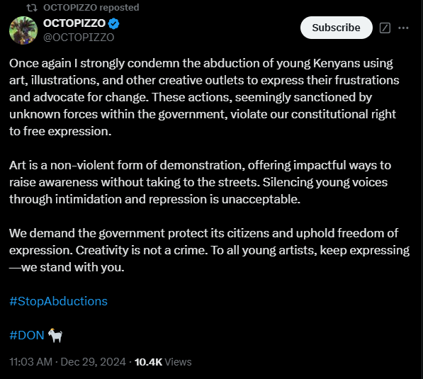 A statement shared by rapper Octopizzo condemning abductions on Sunday December 29, 2024. PHOTO/ Screengrab by K24 Digital/@OCTOPIZZO/X