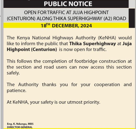 A communication from KeNHA on December 18, 2024. PHOTO/@KeNHAKenya/X