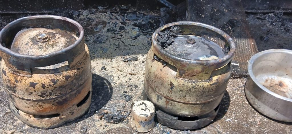 Gas cylinders razed by the fire that broke out at Narok Bus Station on Wednesday January 8, 2025. PHOTO/@OleNtutuK/X