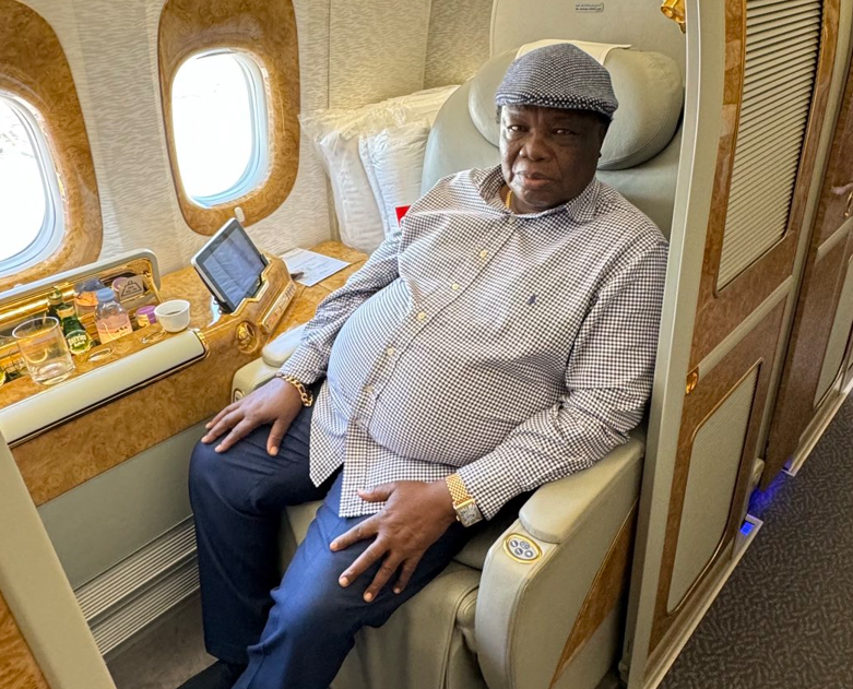 COTU boss Francis Atwoli lounges in a plane during a trip from Europe. PHOTO/@AtwoliDZA/X