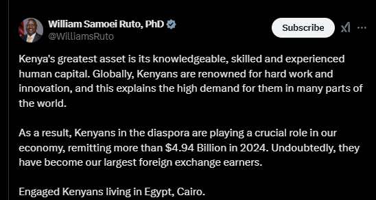 A post made by President William Ruto on X account on Thursday, January 30, 2025. PHOTO/Screengrab by K24 Digital by @WillamsRuto