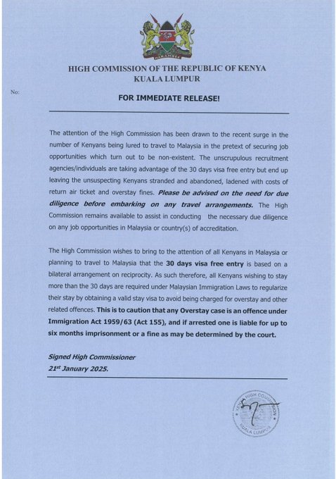 Kenya's travel advisory to Malaysia.