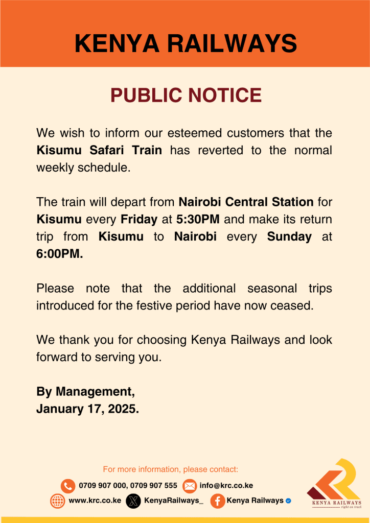 Kenya Railways notice announcin the resumption of normal operations on the Kisumu Safari Train. PHOTO/@KenyaRailways_/X