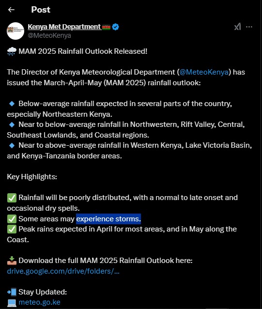 Part of a statement shared by Kenya Met on Wednesday January 29, 2025. PHOTO/ Screengrab by K24 Digital/@MeteoKenya/X