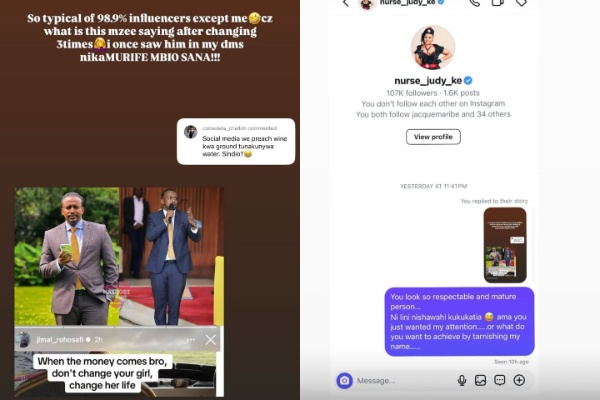 Screengrabs of Nurse Judy and claiming Jimal slid in her DMs and Jimal confronting her about it. PHOTO/@nurse_judy_ke &jimal_rohosafi/Instagram