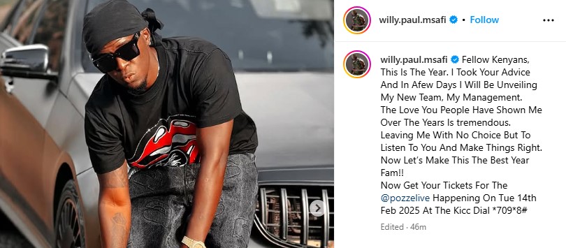 Statement shared by Willy Paul announcing plans to get new management on Thursday January 2, 2025. PHOTO/ Screengrab by K24 Digital/https://www.instagram.com/willy.paul.msafi/