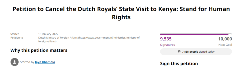 A screengrab of the online petition opposing Dutch royals' visit.