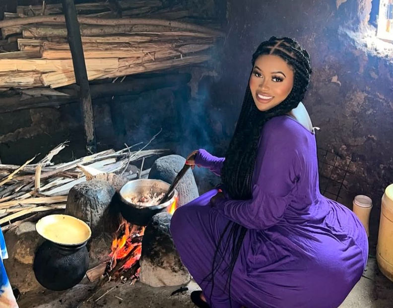 Kenyan socialite Vera Sidika in the village cooking. PHOTO/@queenveebosset/X