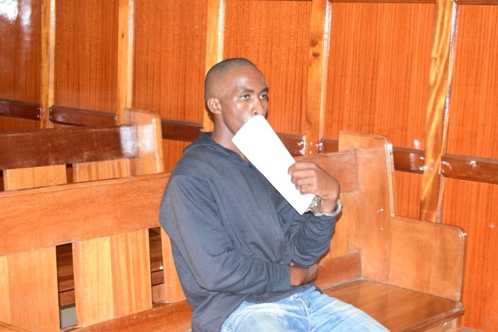 Murder suspect John Kyama Wambua who is accused of killing his wife Joy Fridah Munani in Huruma, Nairobi County, when he appeared before Senior Principal Magistrate Gilbert Shikwe at Milimani Law Courts. PHOTO/Zipporah Ngwatu