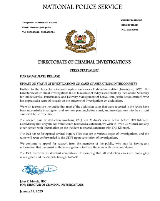 A statement released by the DCI inviting CS Muturi to record a statement over his son's reported abduction. PHOTO/@DCI_Kenya/X