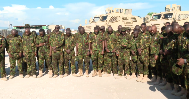 Kenyan police officers receive President William Ruto when he visited Haiti's capital Port-au-Prince on Saturday, September 21, 2024. A screengrab by K24Digital.