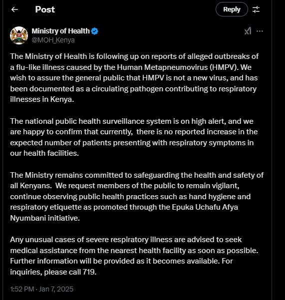 Statement from the Ministry of Health. PHOTO/@MOH_Kenya/X