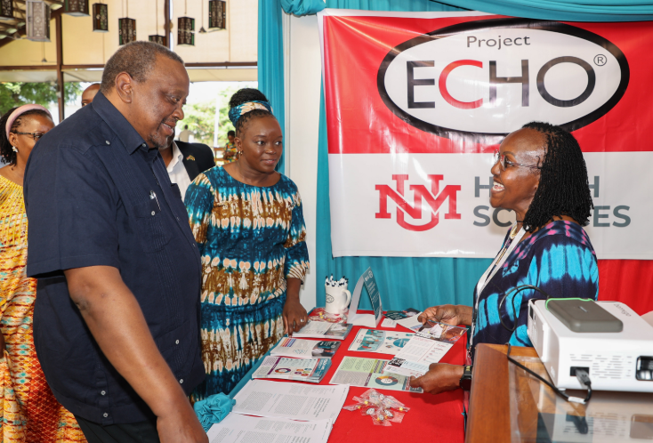 Retired president Uhuru Kenyatta interacts with attendees of the East Africa Region Global Health Security Summit in Mombasa on Wednesday, January 29, 2025. PHOTO/@4thPresidentKE/X