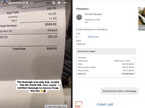 A collage of Vera Sidika's expensive massage date and flight ticket posted on Instagram by @queenveebosset