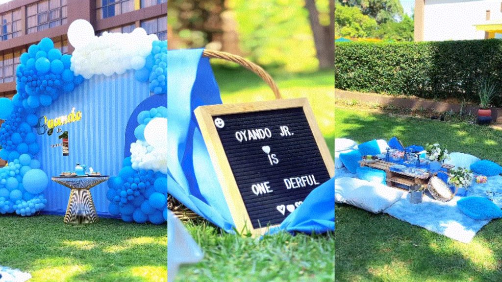 A collage of Mulamwah and Ruth K son's glamorous blue-themed picnic birthday decor