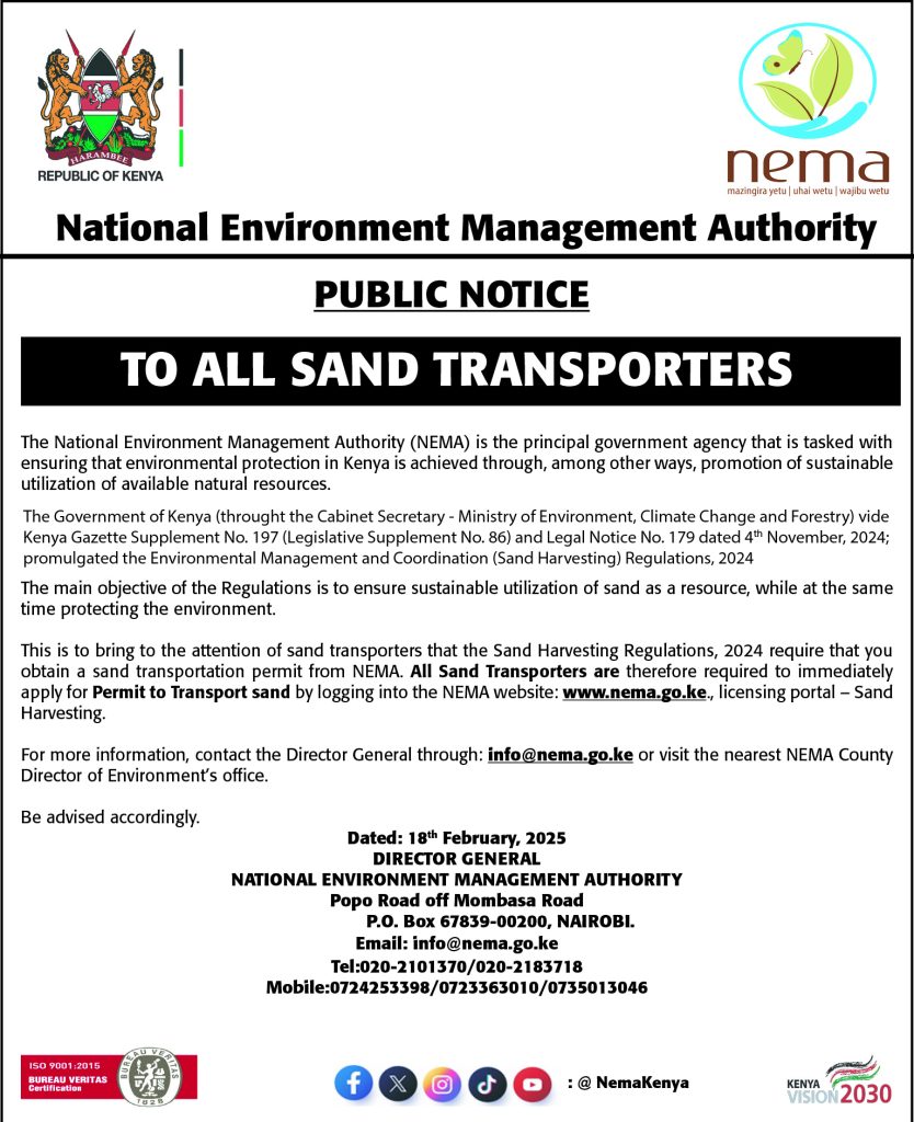 NEMA's Public Notice to all sand transporters