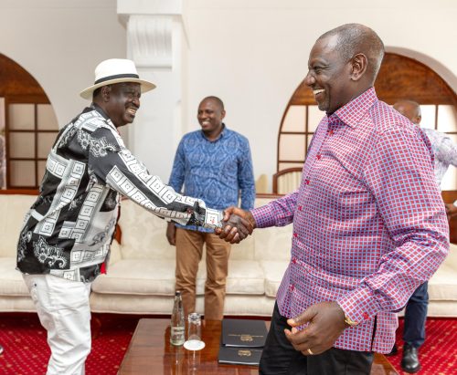 President William Ruto and Former Prime Minister Raila Odinga at State House in Mombasa county. PHOTO/@KIMANIICHUNGWA/X