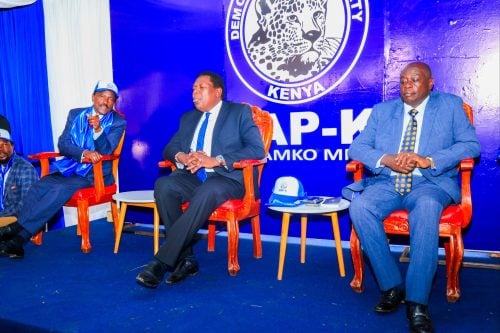 Kalonzo Musyoka, Eugene Wamalwa and Rigathi Gachagua during the launch of DAP-K headquarters in Karen, Nairobi on Monday January 27, 2025. PHOTO/@skmusyoka/X