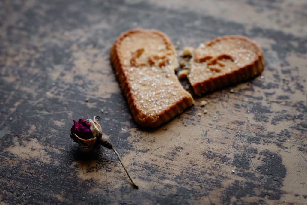 A dried rose and a broken heart-shaped cookie.