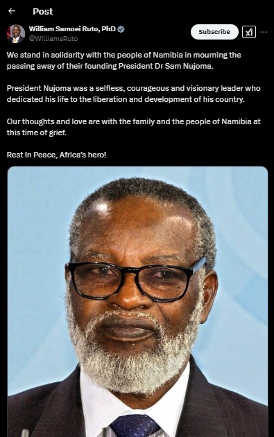 A statement shared by President William Ruto mourning Sam Nujoma. PHOTO/ Screengrab by K24 Digital/@WilliamsRuto/X