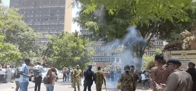 Police teargas TUK students demonstrating in Nairobi CBD on Tuesday February 25, 2025. PHOTO/ Screengrab by K24/@muhiasmaina/X