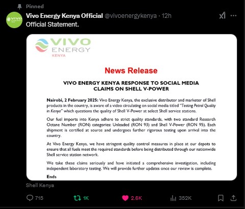 Statement shared by Vivo Energy on Sunday January 2, 2025. PHOTO/ Screengrab by K24 Digital/@vivoenergykenya/X