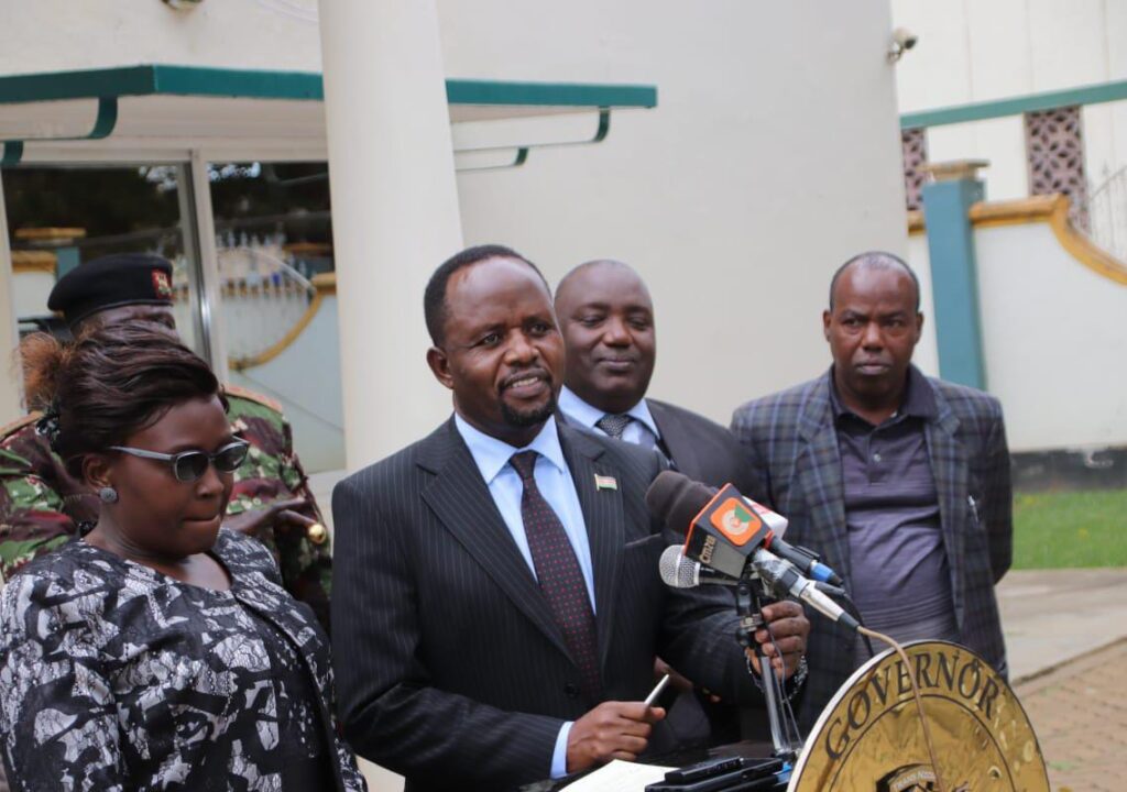 Trans Nzoia County Governor George Natembeya addressing the media in Kitale. PHOTO/Emanuel Tarus