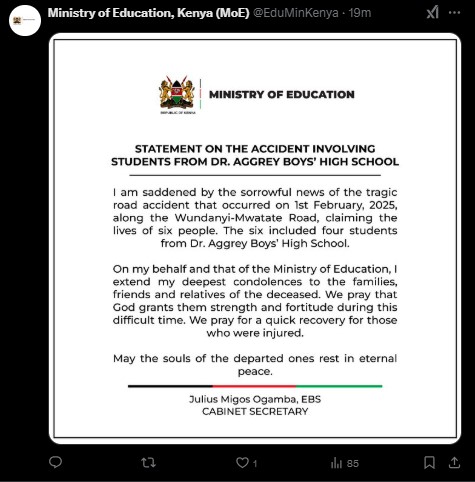 A statement shared by Ministry of Education on Sunday February 2, 2025. PHOTO/ Screengrab by K24 Digital/@EduMinKenya/X